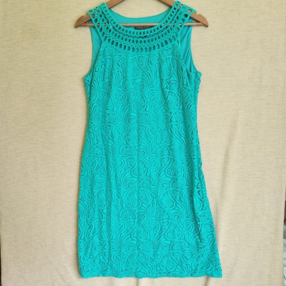 Jessica Howard Womens Teal Green Paisley Lace Crochet Neck Sheath Dress Size 8